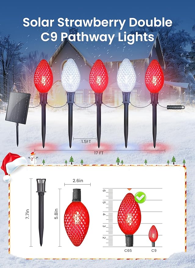 Minetom Solar Double C9 Strawberry Pathway Lights - 16FT 10 LED C9 Christmas Lights with Timer, 8 Modes, Solar Christmas Outdoor Decorations for Lawn Outside Walkway, Red & White
