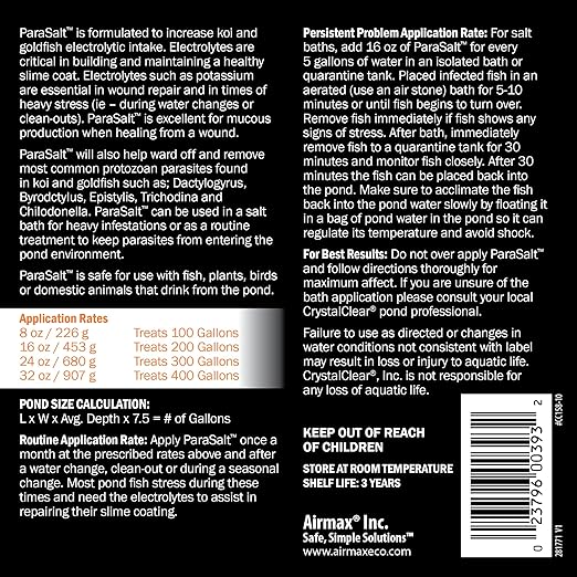 CrystalClear ParaSalt Outdoor Pond & Water Garden Rock Salt Crystals, Anti Fish Parasite, Beneficial Stress Reducing & Slime Coat Treatment, Natural Aquatic Additive, Koi, Plants & Pet Safe, 10 lbs