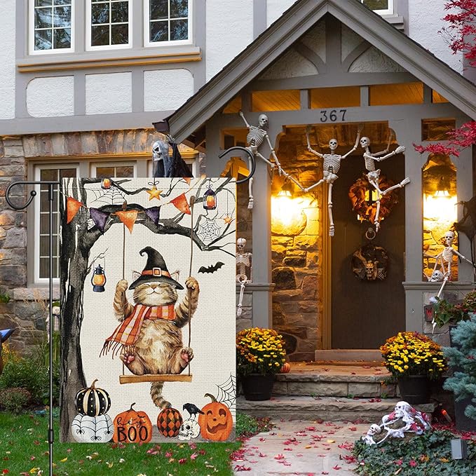 Heyfibro Halloween Cute Cat Swing Garden Flags 12 x 18 Inch Vertical Double Sided Burlap, Pumpkin Skull Bat Yard Flag for Seasonal Fall Thanksgiving Farmhouse Decoration(ONLY FLAG)