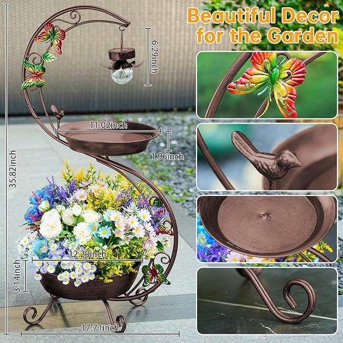 Bird Bath for Outside with Solar Lamp, 36" Birdbaths for Outdoors with Planter Flower Pot, Metal Bird Bath Bowl for Garden Yard Decor (All Vintage Brown)