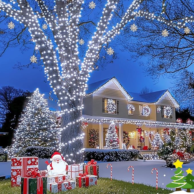 JMEXSUSS 500 LED White Christmas Lights Outdoor, 173ft 8 Modes Christmas Tree Lights, Waterproof Christmas Twinkle String Lights Green Wire for House Wedding Party Xmas Indoor Decorations