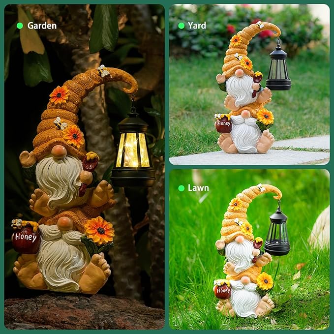 Garden Gnome Statue with Solar Lights – Large Outdoor Sculptures for Patio, Lawn, Yard – Ideal Gifts for Moms, Women, Grandma, Mothers Day, Birthdays, – Funny Double Gnomes Decoration for Housewarming