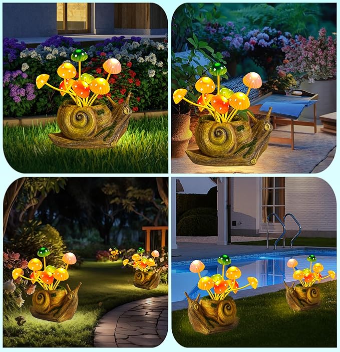 Solar Lights Outdoor Garden Statue,Cute Snails Figurines with Mushroom LED Solar Lights Fairy Garden Accessories,Birthday Gifts for Women Mom Gardening for Patio,Yard Art,Lawn Ornament,Porch,Backyard