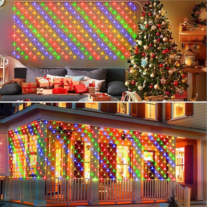 KNONEW Christmas Net Lights 360 LEDs 13ft x 9.8ft Outdoor Mesh Lights Connectable Waterproof 8 Modes & Timer Plug-in Net Fairy Lights for Bushes Garden Party Wedding Holiday,Multicolor