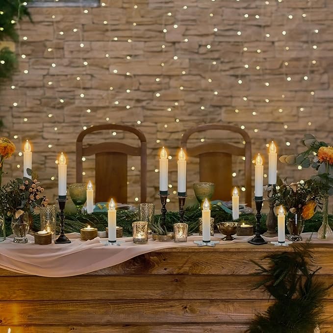 DRomance Christmas Tree Flameless Taper Candle Lights Battery Operated with 10-Key Remote and Timer, 10 Pack Plastic Flickering LED Taper Candles Multi-Using Home Garden Holiday Decor 3.4"