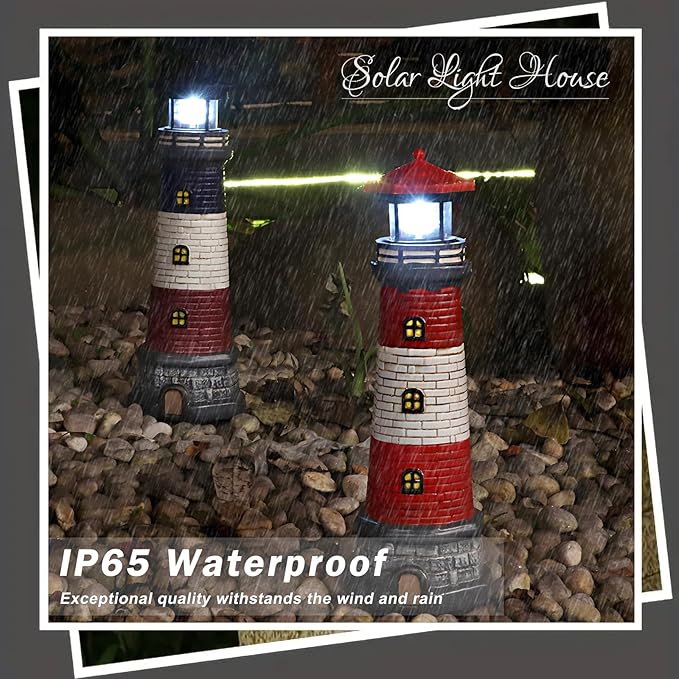 Solar Lighthouse Garden Outdoor Statues, Waterproof Lawn Lights Decor; Automatic Rotating Solar Lights for Yard, Patio, Ground, Tabletop Decoration; Unique Housewarming Gifts - Black