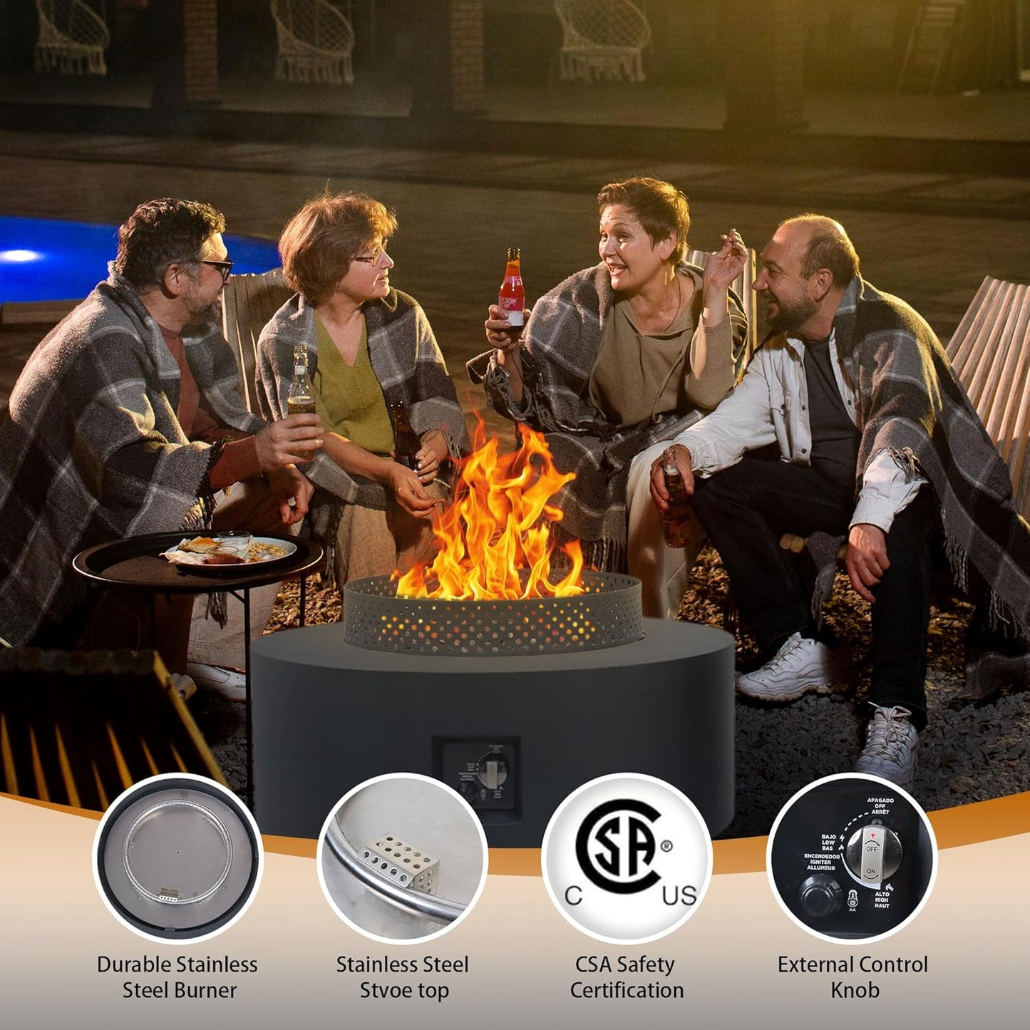 3-Piece Outdoor Fire Pit Table, 32 Inch Propane Fire Table 65,000 BTU Black Round Gas Firepit, Baking Sheet, Wind Guard and 16 inches Tank Side Table for Deck, Backyard and Pool, Black