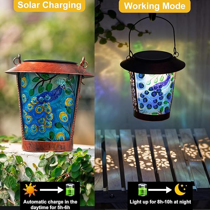Solar Lanterns Outdoor Peacock Hanging Waterproof Decorative Lamp with Glass Peacock Solar Lights for Outside Yard Table Patio Garden