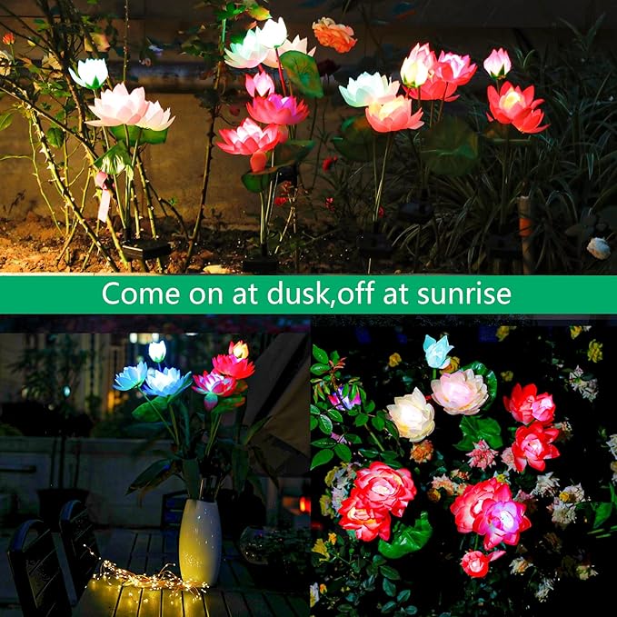 TONULAX Solar Garden Lights, Upgraded 2-Pack, Solar Lotus Flower Lights, Plastic Silk, Multi-Color, LED, Waterproof, Touch Control, 18-Hour Runtime