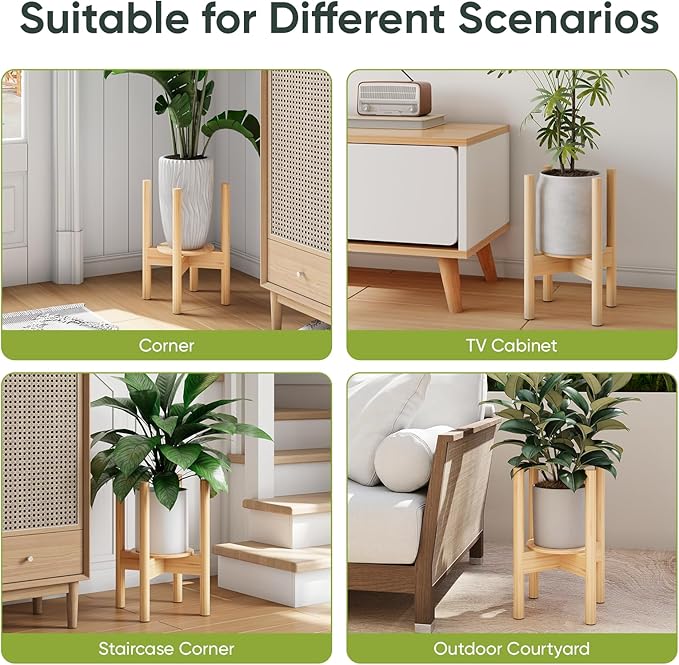 Adjustable Plant Stand, Bamboo Plant Stand Indoor with Tray, Wood Plant Stand for 8 to 12 inches Flower Pots, Single Mid Century Modern Plant Stand for Indoor Plants, Natural
