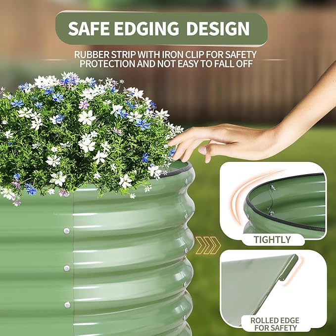 Galvanized Raised Garden Bed - 8x2x1.4FT Metal Planter Boxes Outdoor | Oval Steel Raised Bed Kit for Gardening with Protective Tape, Bracing Rods, Gloves for Vegetables, Flower, Herb (Green)