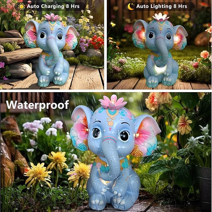 Solar Garden Outdoor Statue Elephant with 4 LED Lights,Lawn Decor Statue for Patio, Balcony,Yard Ornament,Ideal Gift for Christmas,Women,Mom,Grandma,Birthday or Unique Housewarming