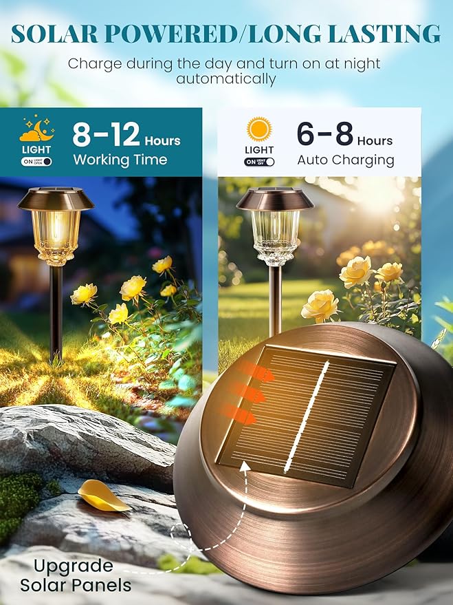 Solar Lights Outdoor Waterproof,6 Pack Bronze Pathway Lights with 10-40 LM Dimmable Glass and Metal, Solar Powered Garden Decor for Yard,Patio,Pathway,Driveway(Warm White)