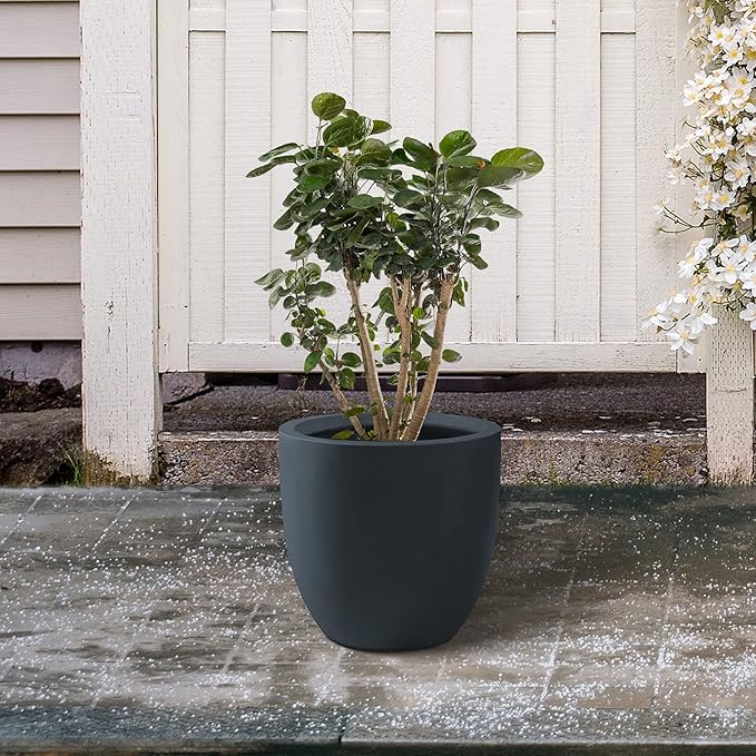 Kante 10 Inch Dia Round Concrete Planter, Indoor Outdoor Large Plant Pot with Drainage Hole and Rubber Plug for Home Patio Garden, Charcoal