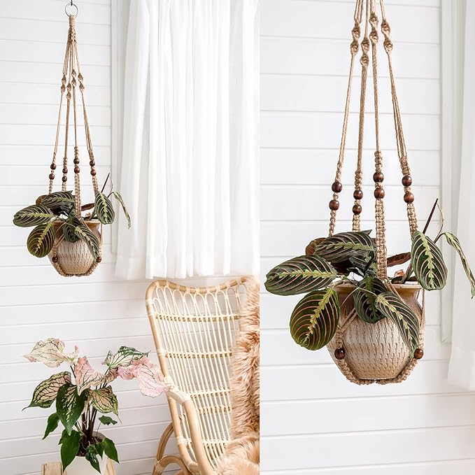 Mkono Macrame Plant Hangers Set of 4 Indoor Hanging Planter Basket Wall Decorative Flower Pot Holder with 4 Hooks for Indoor Outdoor Home Decor Gift Box, Brown