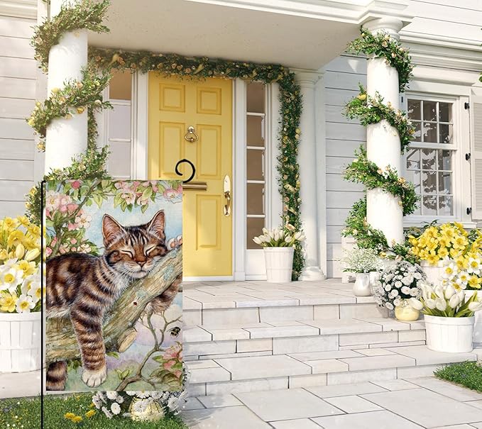 BLKWHT Spring Cat Garden Flag 12x18 Vertical Double Sided Pink Floral Farmhouse Holiday Outside Decorations Burlap Yard Flag BW573