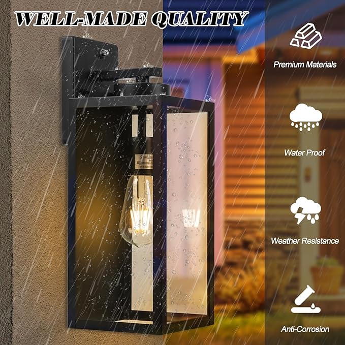 Dusk to Dawn Outdoor Wall Light Fixture, 16" Large Exterior Black Lantern Waterproof, Farmhouse Porch Sconce Lighting, Modern Wall-Mounted Outside Lights for House Garage, Patio Lamp