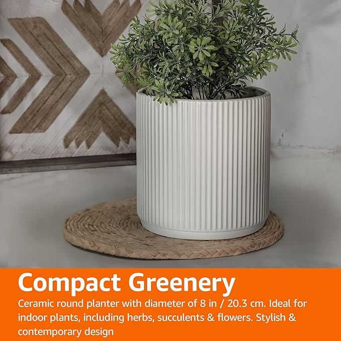 Amazon Basics Fluted Ceramic Round Planter, 8-inch, White