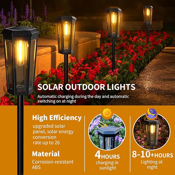 KINKAI Solar Walkway Lights Outdoor - 8 Pack Classic Pathway Light Waterproof Driveway Lamps Landscape Lighting with Filament Bulb for Outside Garden Lawn Patio Sidewalk Yard (Warm Light)