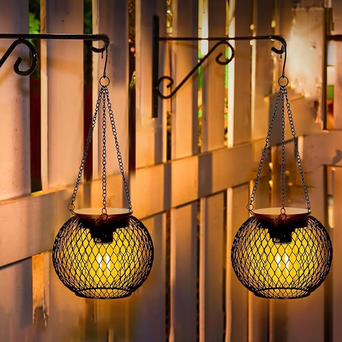 Solar Lanterns Outdoor, 2 Pack Brighter Metal Solar Hanging Lanterns, IP65 Waterproof Solar Lights Outdoor, Gardening Gifts & Decor for Garden Yard Patio Pathway
