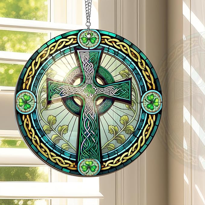 St Patricks Day Decorations - Irish Gifts for Men Women Friends Family, St Patricks Day Accessories, Celtic Cross Home Decor - Double Layered Hanging Suncatcher 8 in