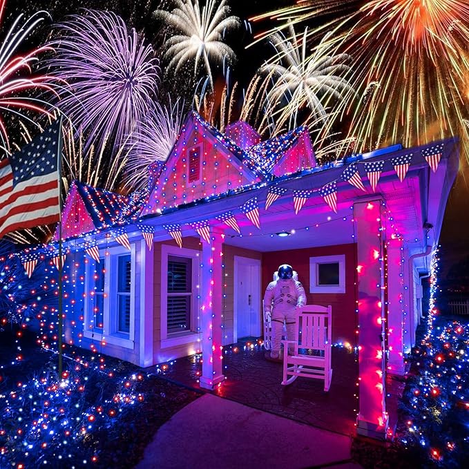 JMEXSUSS 4th of July Decorations 250 LED Red White and Blue Fairy String Lights, 4th of July Lights Outdoor with 8 Modes, 91.5ft Connectable Patriotic Lights Waterproof for Home Yard Patio Party Decor