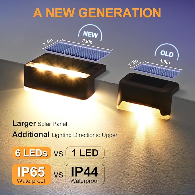 SOLPEX Solar Fence Lights, 6 LEDs Solar Lights Outdoor Waterproof Solar Powered for Deck, Stair, Front Porch, Balcony, Walkway, Garden, Yard, Patio, Pool Decor, IP65 Waterproof (16 Pack, Warm White)