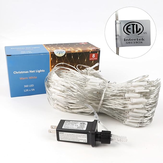 LJLNION Christmas Net Lights, 360 LED 12ft x 5ft Connectable Mesh Fairy String Lights,8 Modes Low Voltage Safe Adaptor for Xmas Trees, Bushes, Wedding, Outdoor Garden Decorations, Warm White