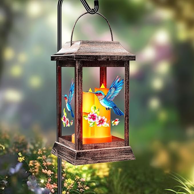 Solar Lanterns, Hummingbird Outdoor Hanging Lanterns, Metal Solar Lights, Gardening Gift for Mom Women Mother's Day, Garden Decor for Outside Porch Table Patio Yard, Grave Decorations for Cemetery