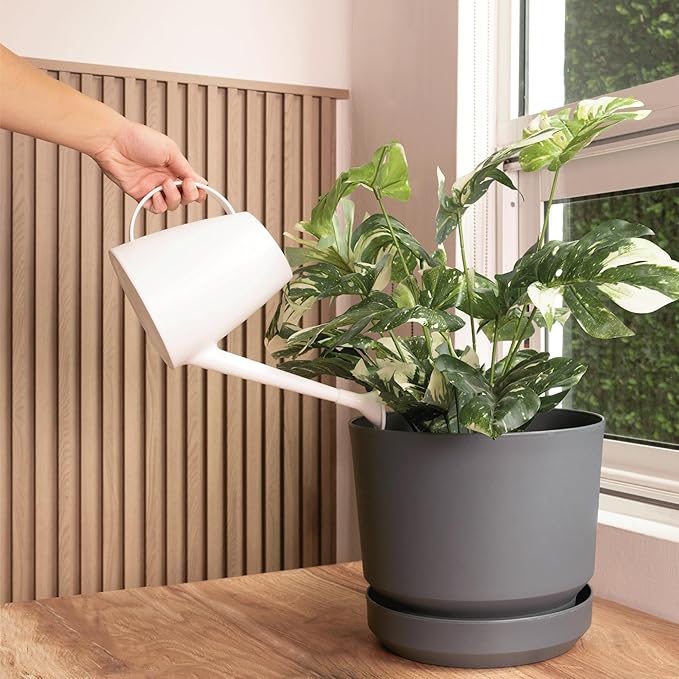 Elly Décor 12 inch Plastic Cylinder Planter Pot with Self-Watering Saucer and Drainage Hole,Lightweight & Extremely Durable, 12"x 12", Gray