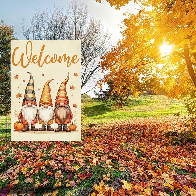 Welcome Fall Garden Flag Autumn Gnomes Garden Flag 12x18 inch Double Sided Fall Thankful Maple Leaves Flags Holiday Decorations for Yard Lawn Patio (Flay 1809)