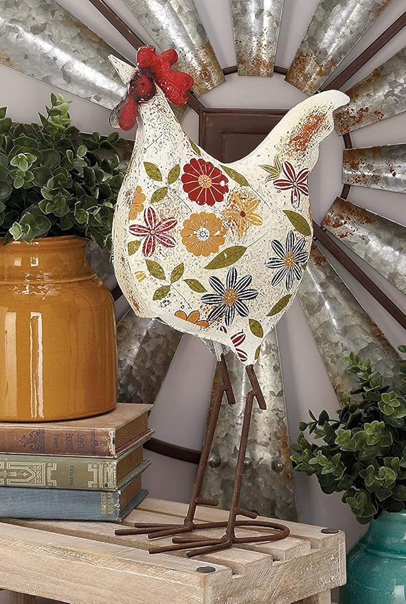Deco 79 Metal Rooster Decorative Garden Sculpture Indoor Outdoor Distressed Standing Garden Statue with U Shaped Feet, Outdoor Sculpture 10" x 5" x 17", Cream