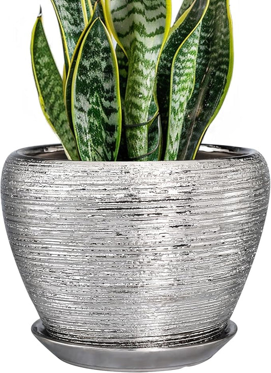 Pot for Plants 8 Inch - Ceramic Plant Pot Indoor with Drainage Hole and Saucer Decorative Planter for Indoor Plants Modern Round Flower Pot for Home Decor Silver