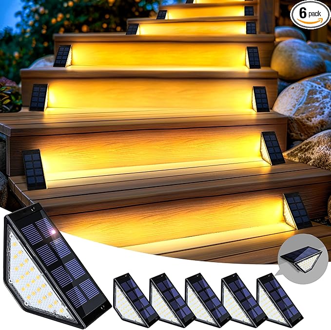 SOLPEX Solar Step Lights for Outside, 24 LEDs Solar Stair Lights Outdoor Waterproof Decor for Porch, Front Door, Stair, Step, Deck, Fence, Balcony, Patio, Wall, Yard, Garden(6 Pack, Warm White)