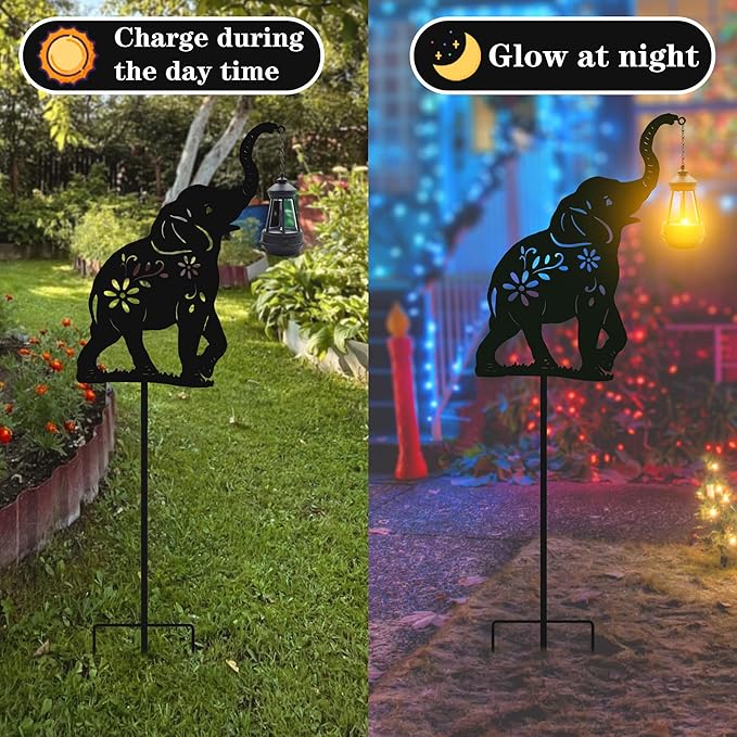 Solar Elephant Garden Stakes Outdoor Solar Decor Metal Elephant Holding Solar Animal Lantern Decorative Garden Metal Animal Stakes Outdoor Elephant Silhouette Stakes