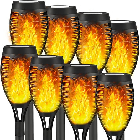 8 Pack Solar Tiki Torches, Flickering Flame Garden Decor, Waterproof LED Torches for Outside Patio Yard (Yellow)
