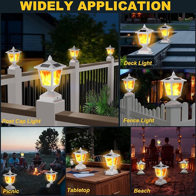 Solar Post Flame Light,Outdoor Deck Fence Post Cap LED Light,Waterproof 4x4 5x5 6x6 White Post Top Solar Powered Light with Flickering Flame for Garden Outside, 4 Pack