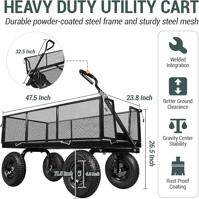 Taifa Heavy Duty 1100 Lbs Capacity Steel Garden Cart with 11.5 inch Tire, Removable Side Panels Turn Into Flatbed, Utility Cart for Yard Lawn and Farm, Metal Wagon with 180° Rotating Handle, Black