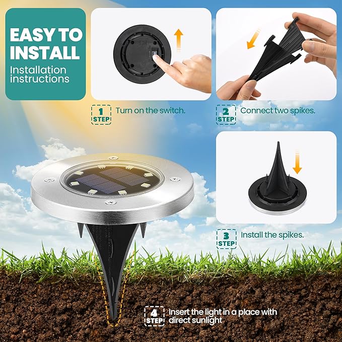 GIGALUMI 8 Pack Solar Ground Lights, 8 LED Solar Powered Disk Lights Outdoor Waterproof Garden Landscape Lighting for Yard Deck Lawn Patio Pathway Walkway (White)