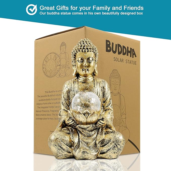 Nacome Meditating Buddha Statue with Solar Light,Zen Solar Garden Buddha with Cracked Glass Ball Sculpture-Indoor/Outdoor Decor for Balcony,Garden,Patio,Porch Yard Art Ornament,10.5 inch(Gold)