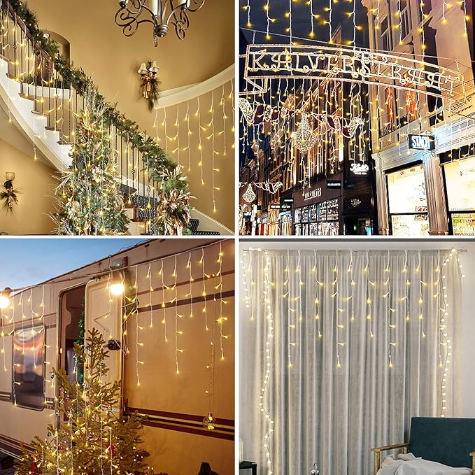DDMY Christmas Lights Outdoor Decorations 416 LEDs 34 FT 8 Modes Curtain String Light with 78 Drops, Waterproof Clear Wire LED Light for Christmas Party Decor, House, Garden, Yard Decoration