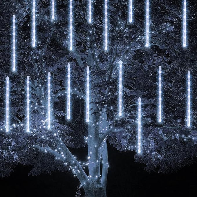 TW SHINE White Christmas Meteor Shower Lights Outdoor, 288LED 12" 8 Tubes Waterproof Christmas Lights Outdoor Plug in, Snow Falling Rain Icicle Xmas Lights Decorations, White