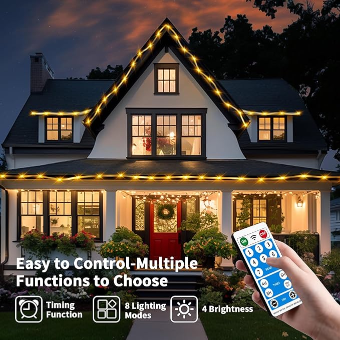 Solar Rope Lights Waterproof 39FT 100LEDs,High Capacity Rechargeable Battery,Dual Charging,Outdoor String Light,Remote-Control,for Pathway Patio Garden Palm Tree Christmas (Brighter - Warm White)