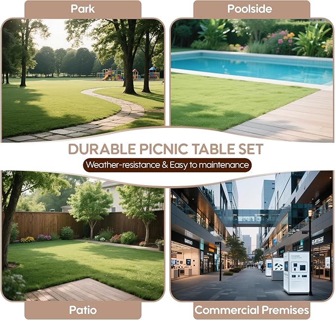 4FT Outdoor Picnic Table and Bench Set with 2" Umbrella Hole, WPC Tabletop Seattop Patio Dining Set for 4 People, Outdoor Dining Table and Chair for Park Garden Yard Patio- Brown