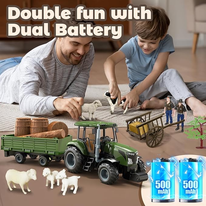 Remote Control Tractor with Trailer - Farm Toys Set Including Animals, Fruits, Vegetables, and Farmer Figures, Toddlers Farm Vehicle Toys for 3 4 5 6 7 8 9 Year Old Boys Girls Birthday Gifts