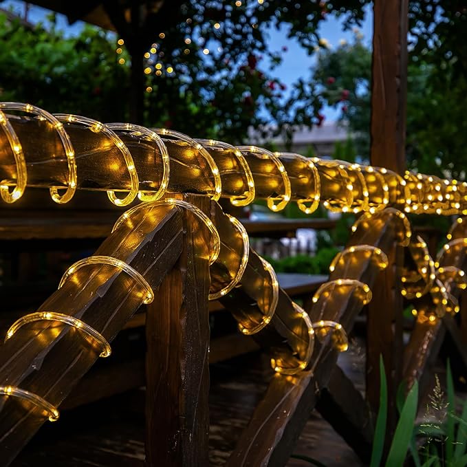 Solar Rope Lights, 2 Packs 66ft 200LED Solar String Lights, 8 Modes Waterproof Solar Powered Outdoor Lights, Flexible Clear Tube Light for Garden, Backyard, Patio, Deck, Pool,Tree Decor - Warm White