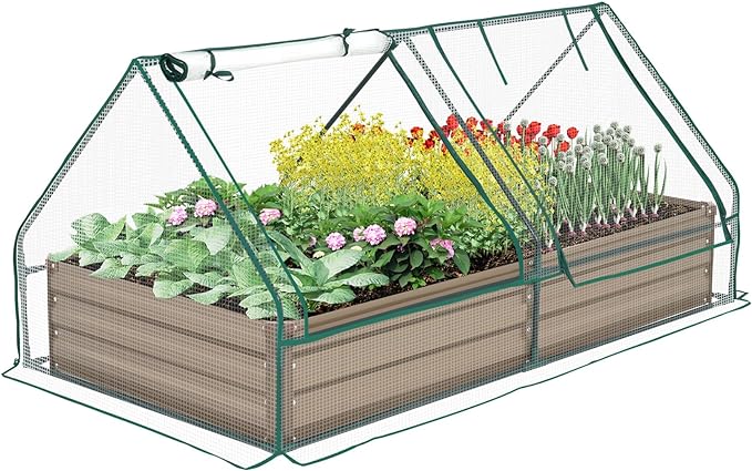 Metal Raised Garden Bed with Greenhouse 2 Large Zipper Windows Dual Use,Galvanized Steel Raised Garden Bed for Gardening Vegetables Fruit,20pcs T-Types Tags & 1 Pair of Gloves,6x3x1FT,Brown