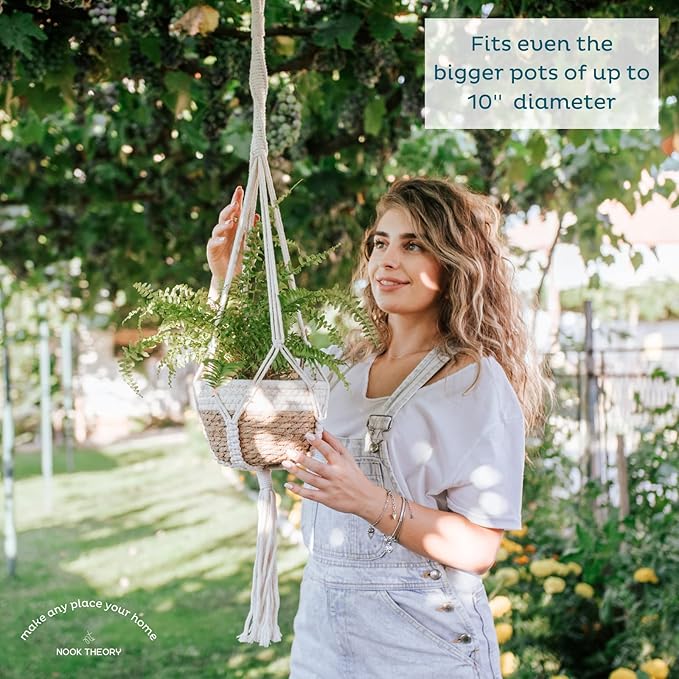 Nook Theory 4-Pack Macrame Plant Hanger - with 8 Ceiling Hooks - Hanging Planter Indoor Outdoor - Hanging Plant Holder - Decorative Bohemian Plant Hangers - Hanging Plants (Light Gray)