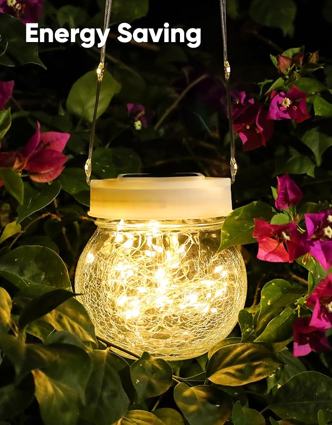 Solar Lantern Solar Lights Outdoor Waterproof 2-Pack, Solar Powered Hanging Lights Cracked Glass Hanging Globes for Christmas Decoration, Shepherd Hook, Garden Tree Ornaments, White Cap, Warm White