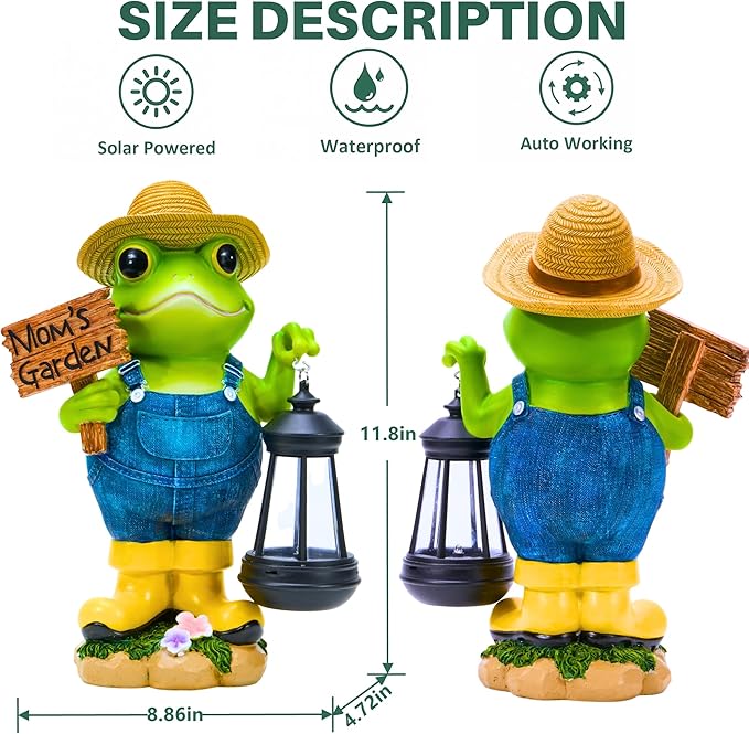 Frog Garden Decoration with Solar Lantern, Solar Frogs Statue Outdoor Decor Gift for Pathway Yard Lawn Patio - Frog Gift Sculptures for Women Mom Grandma, Mom's Garden